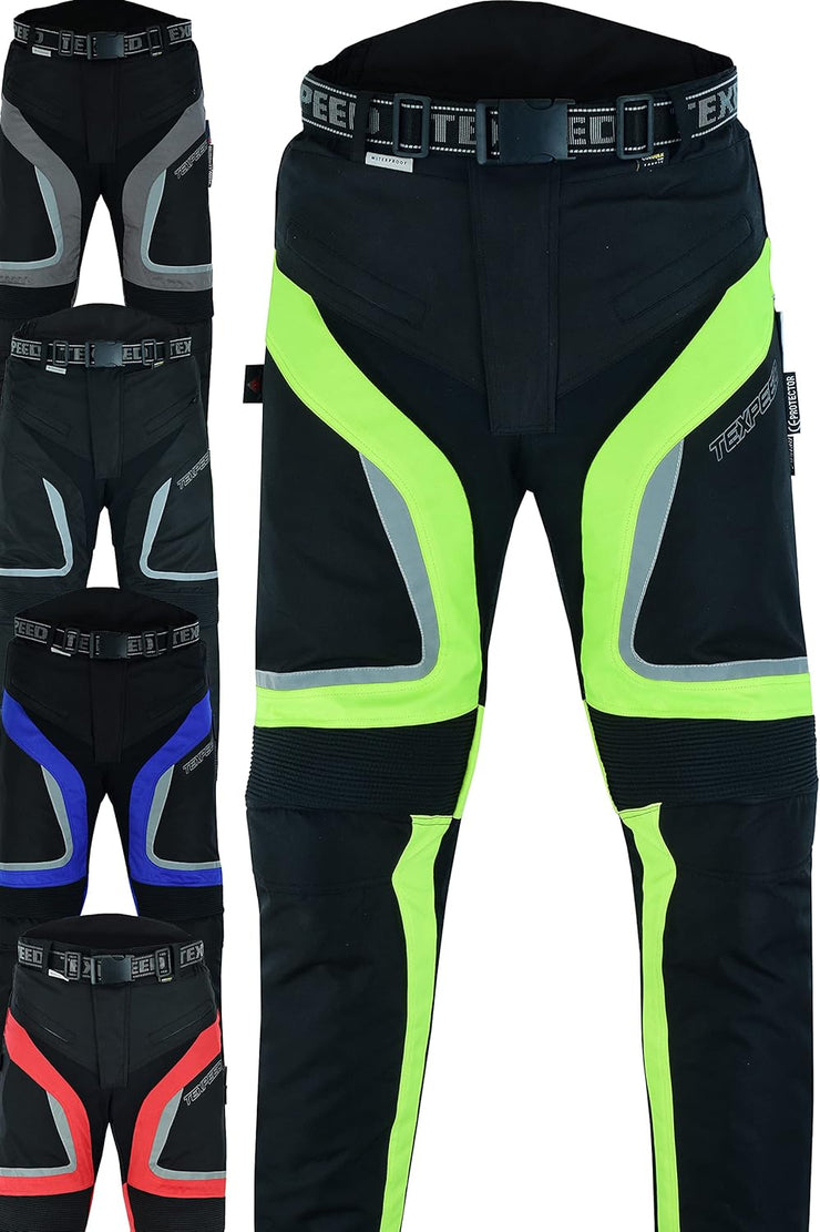 Motorcycle Biker Trousers Mens Motorbike Waterproof Textile Cordura Pants with Protective CE Armour (EN 1621-1) Yellow Hi Vis - 32W / 30L
