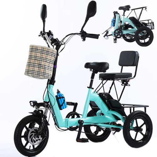 HpLNDas Folding Electric Adult Tricycle, 14-inch Wheels, Passenger Seat & Basket, 48V
