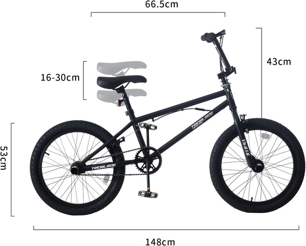 20-inch Freestyle BMX Bike for Kids, 6-13 Years, 360 Handlebar, 4 Pegs, Black