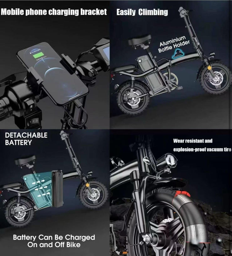 14-inch Foldable Electric City Bike, 48V 10Ah Battery, 250W Motor, Triple Suspension