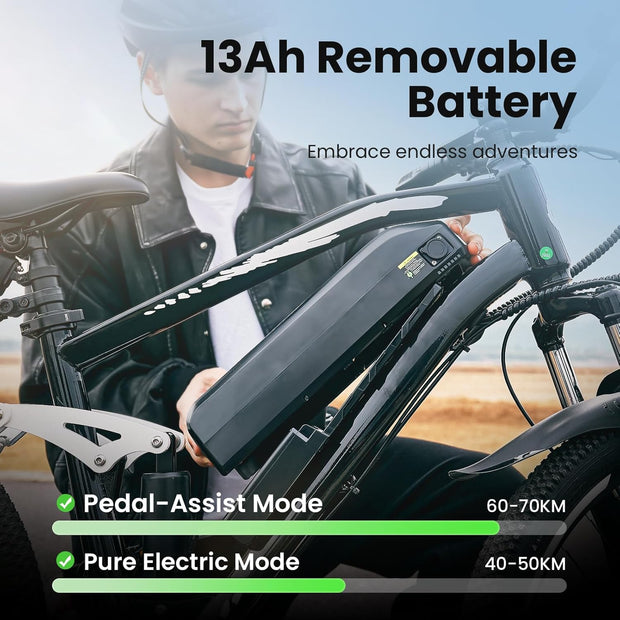 Finbike M50 Adult Electric Mountain Bike, 4-Link Suspension, 13Ah Battery, 7-Speed