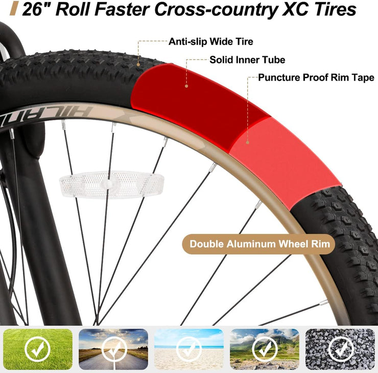 Hiland 26-inch Aluminum Frame Mountain Bike, 21 Speed, Dual Disc Brakes