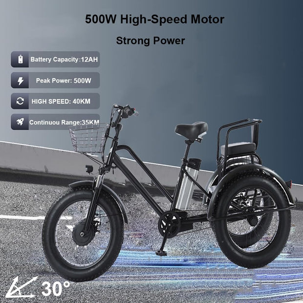 Foldable Electric Tricycle, 20-Inch Fat Tire, 500W Motor, Removable 48V Battery, Basket