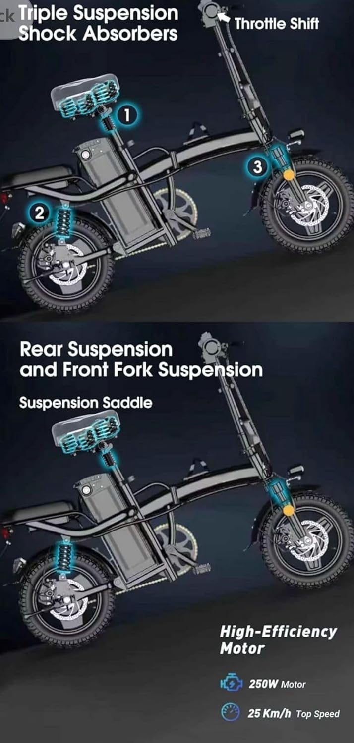 14-inch Foldable Electric City Bike, 48V 10Ah Battery, 250W Motor, Triple Suspension