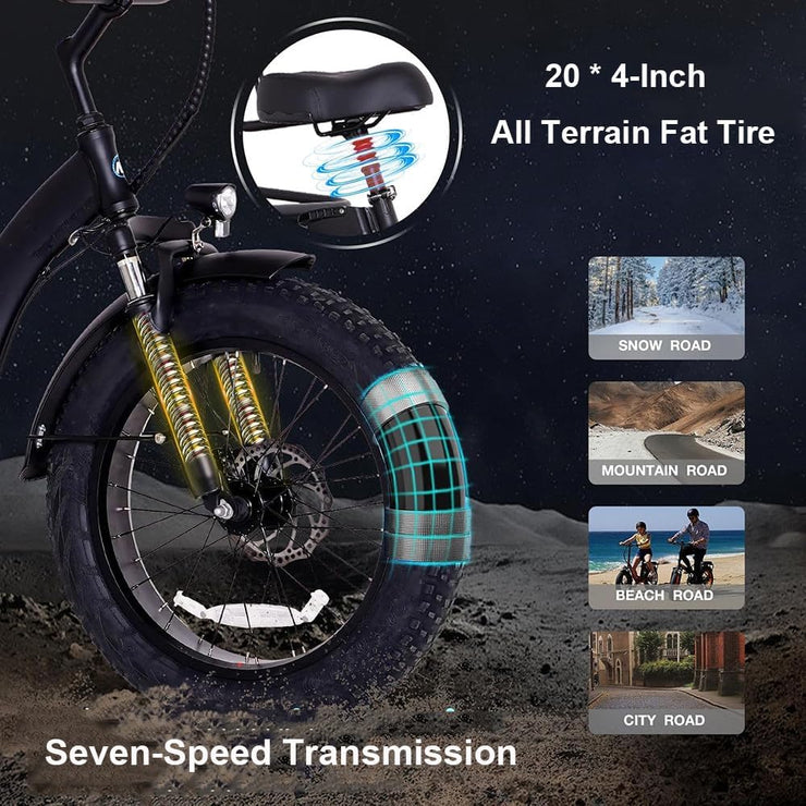 Foldable Electric Tricycle, 20-Inch Fat Tire, 500W Motor, Removable 48V Battery, Basket