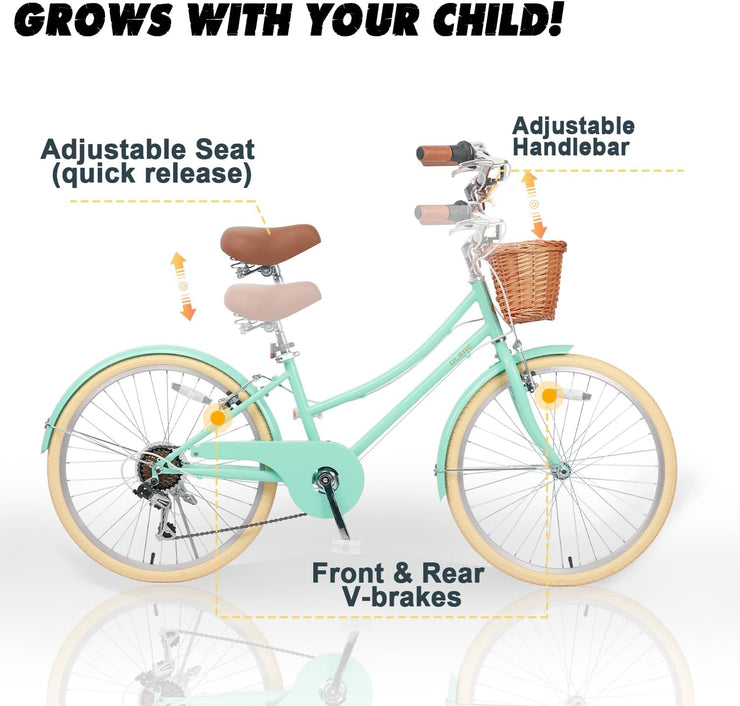 Glerc Missy Girls' 6-Speed Hybrid City Cruiser Bike with Wicker Basket