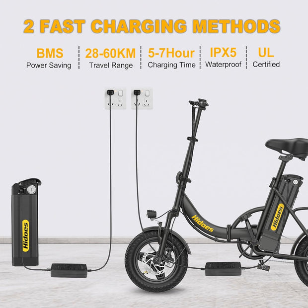 Hidoes C5 Portable Folding Electric Bike, 14-inch Wheels, Long Range Battery