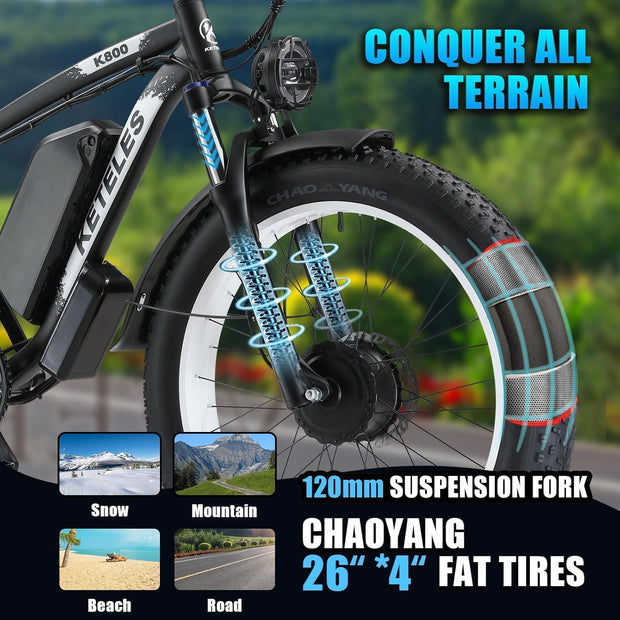 All-Terrain Electric Fat Tire Mountain Bike, 26-inch Wheels, 70+ Miles Range