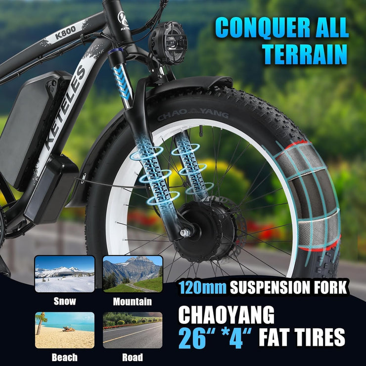 All-Terrain Electric Fat Tire Mountain Bike, 26-inch Wheels, 70+ Miles Range