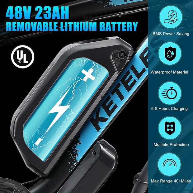 QIKAITU 3000W Dual Motor Fat Tire E-Bike, 48V 23Ah, 56-Mile Range