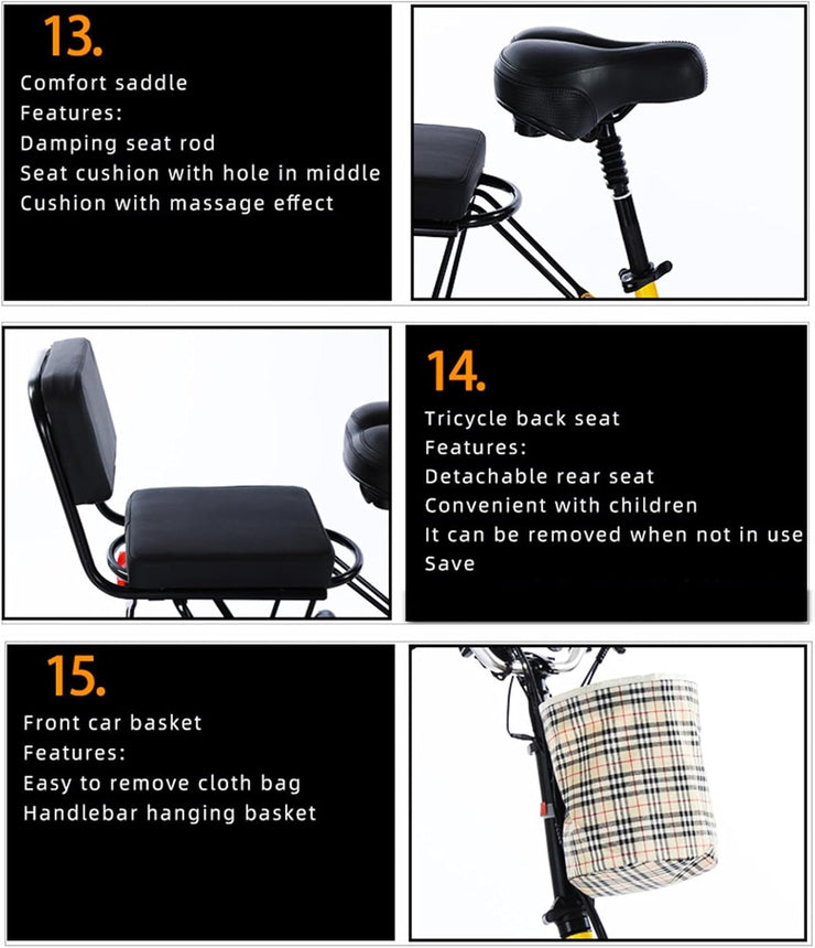 HpLNDas Folding Electric Adult Tricycle, 14-inch Wheels, Passenger Seat & Basket, 48V