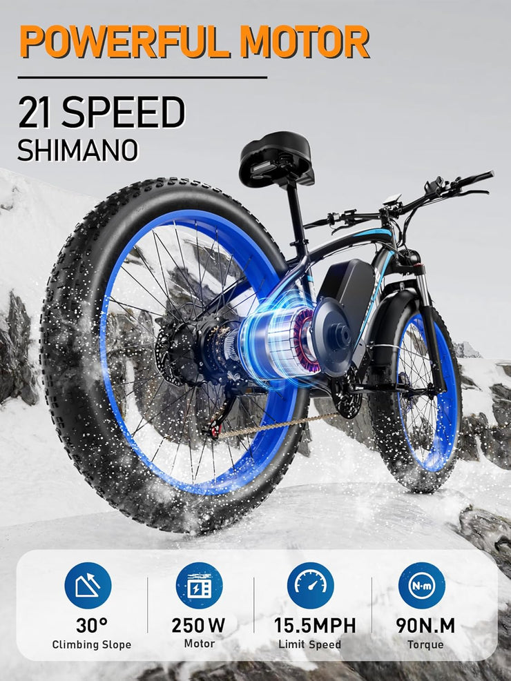 V7 Electric Fat Tire Mountain Ebike: 52V Battery, 21-Speed, Dual Hydraulic Brakes