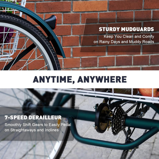 Viribus 26-inch Adult Tricycle, 7-Speed Cargo Trike with Basket for Seniors