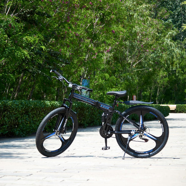 Adult Folding Mountain Bike: Dual Suspension, 3-Spoke Wheels, 21 Speed