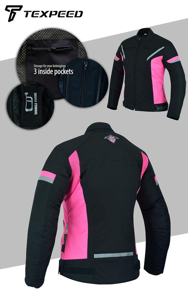 Womens Motorcycle Biker Jacket Ladies Waterproof Textile Cordura Coat with Motorbike CE Armour (EN 1621-1) Black Pink - XXL