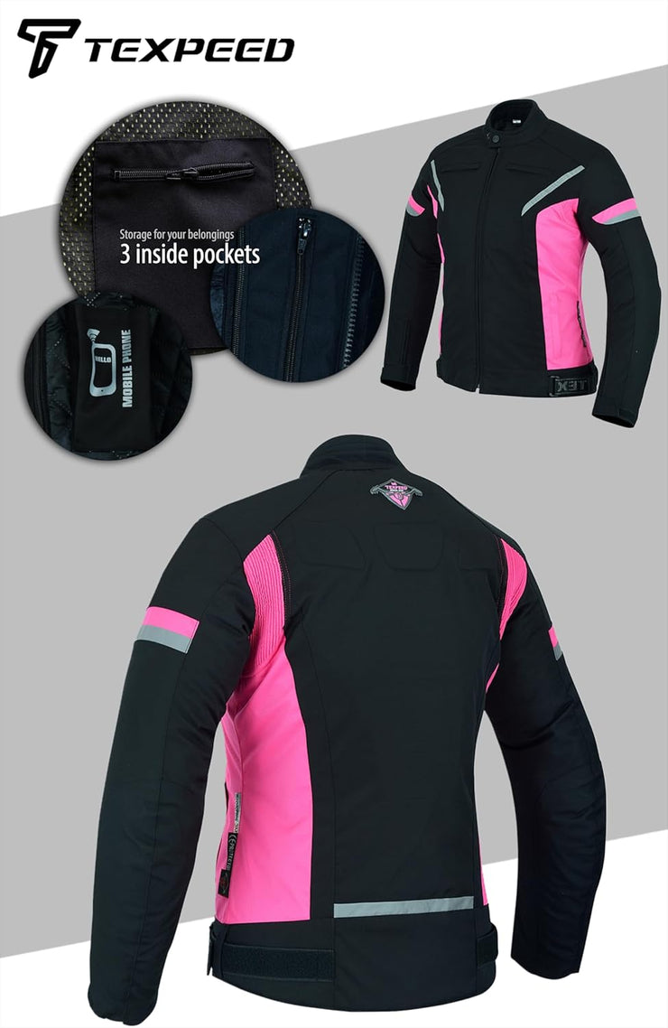 Womens Motorcycle Biker Jacket Ladies Waterproof Textile Cordura Coat with Motorbike CE Armour (EN 1621-1) Black Pink - XXL