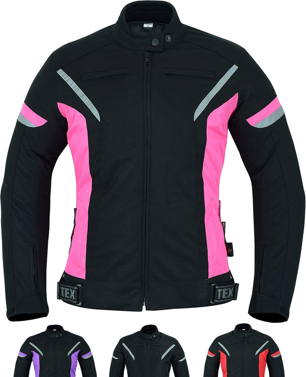 Womens Motorcycle Biker Jacket Ladies Waterproof Textile Cordura Coat with Motorbike CE Armour (EN 1621-1) Black Pink - XXL